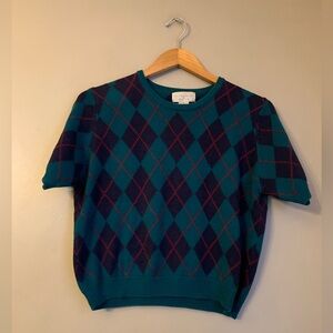 Vintage Christopher & Banks Argyle Short Sleeve sweater Preppy Spring Green M